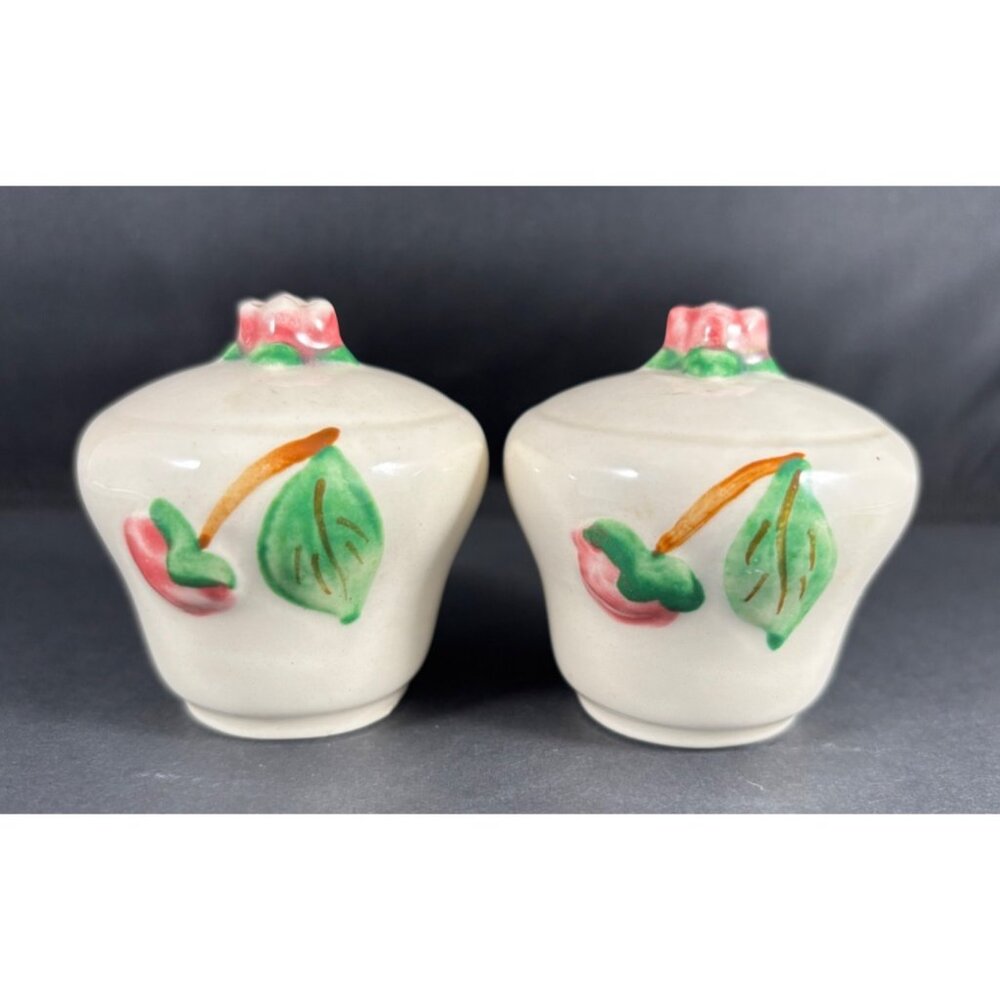 Vintage Ceramic Apple Salt & Pepper Shakers Set White & Pink Country Decor